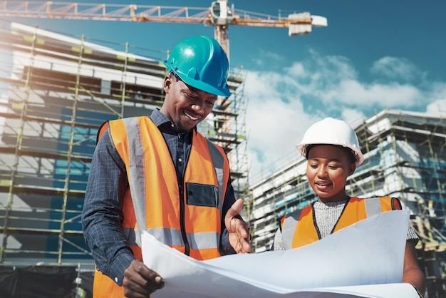La gestion dun chantier est un effort conjoint Photo dun jeune homme et dune femme examinant des plans de construction sur un chantier de construction Photo Premium 1 1